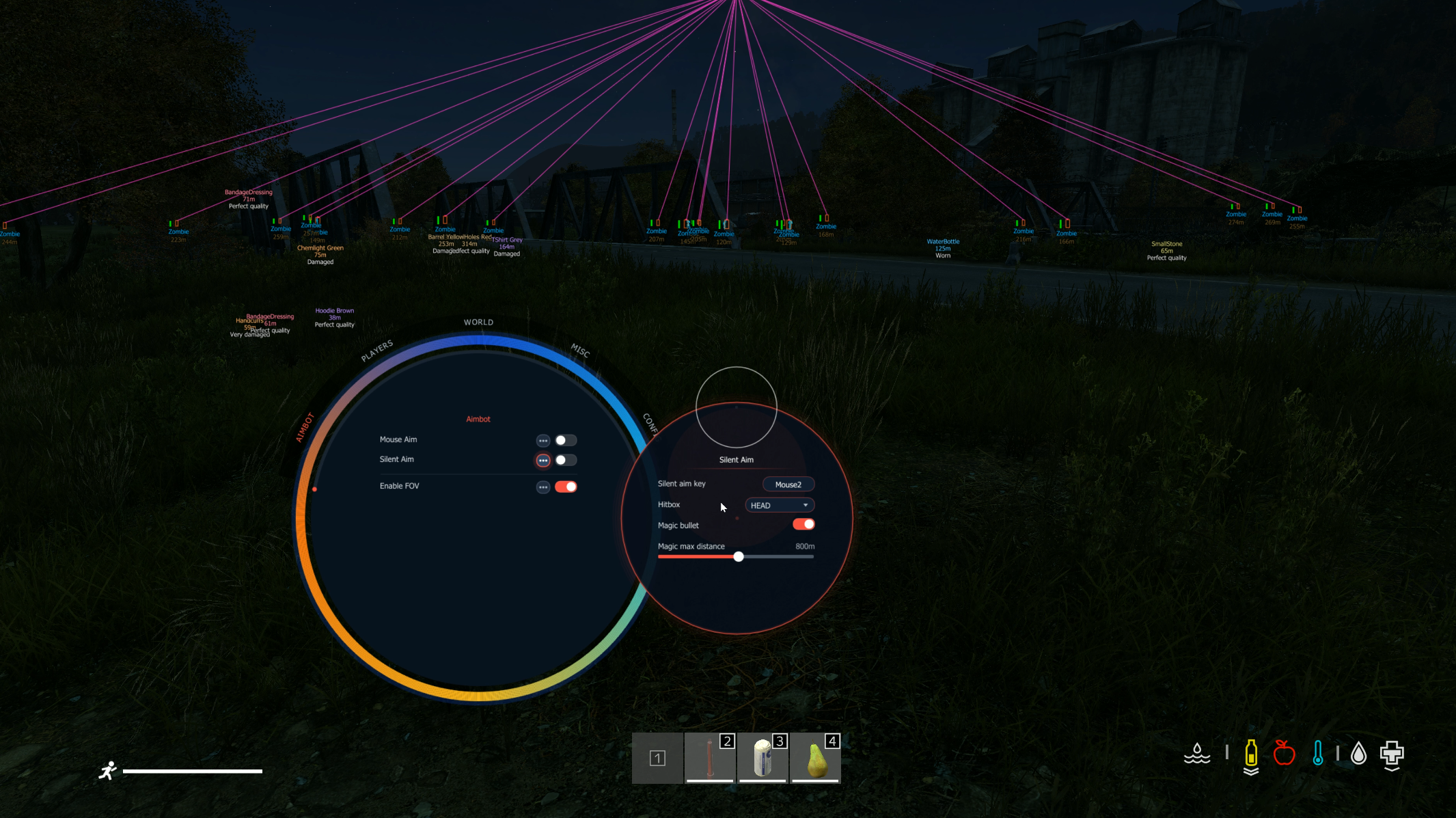 DayZ Vindy cheat preview — silent aim ESP menu click play