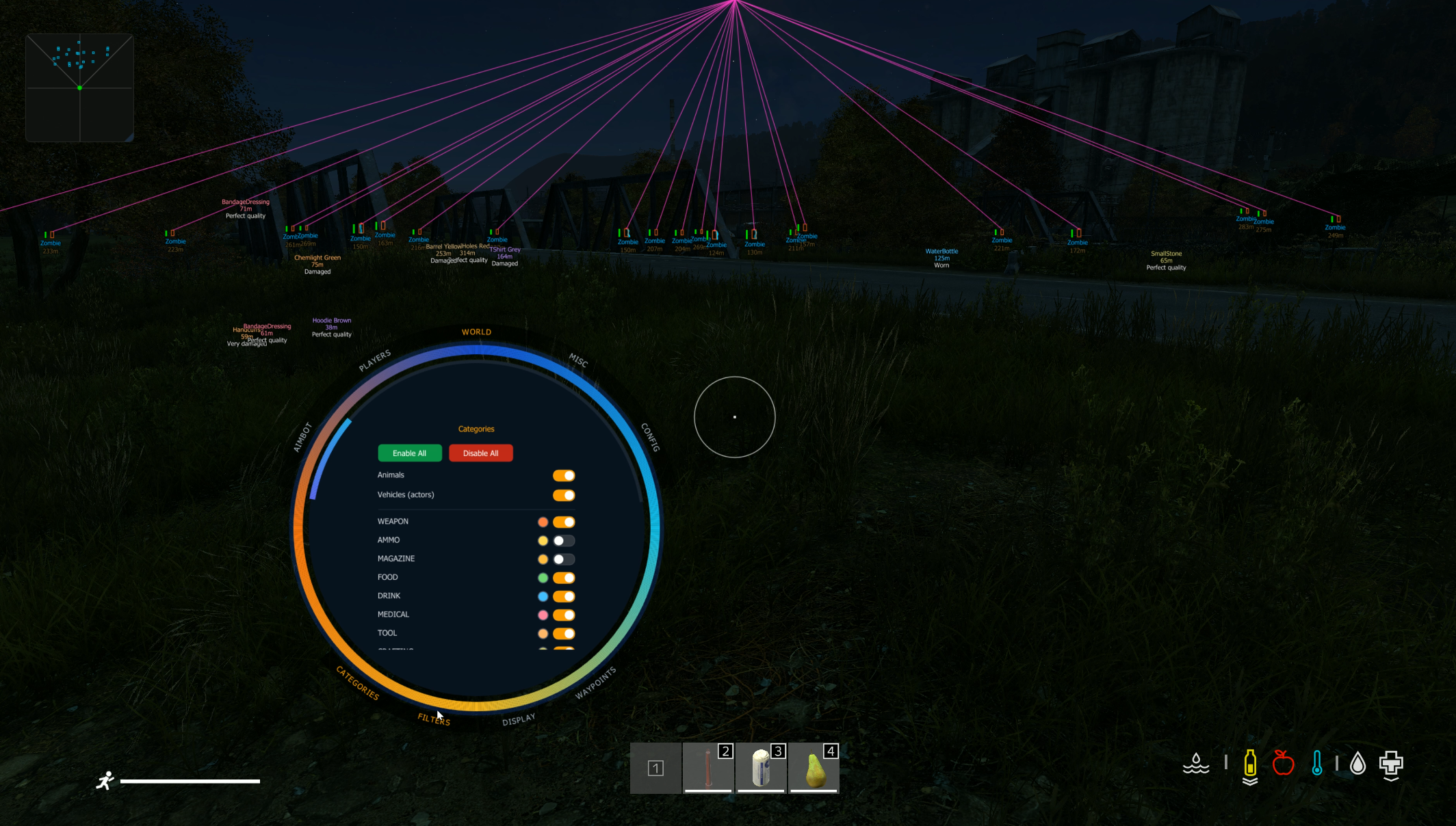 DayZ loot ESP category filters weapons medical food quality Vindy