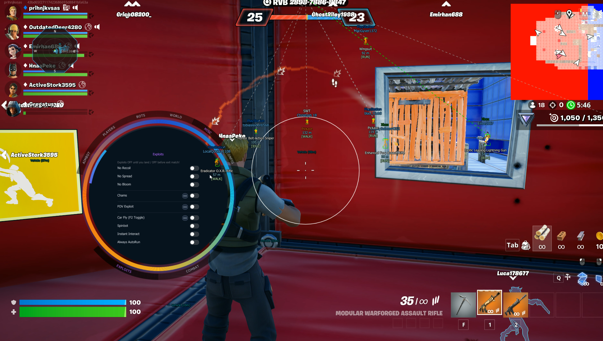 Fortnite MISC EXPLOITS menu — no recoil suite