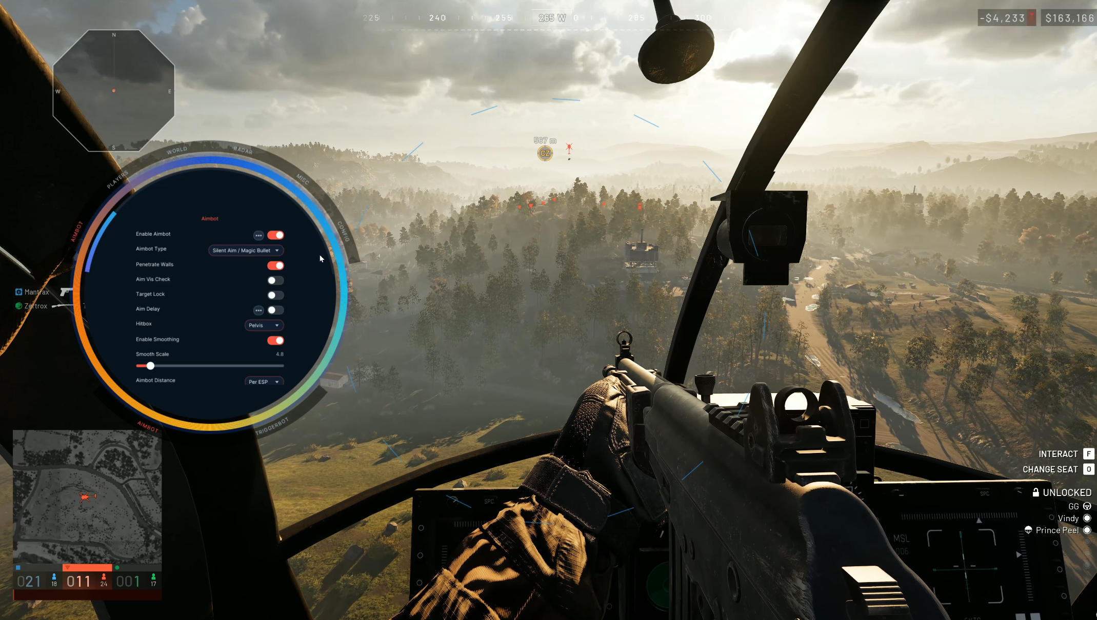 WarDogs Vindy aimbot menu overlay in helicopter gameplay 2026